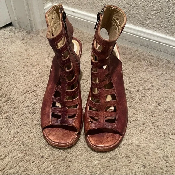 Bed Stu women chestnut brown distressed leather caged stacked heel shoes, 8 1/2 - Picture 1 of 12